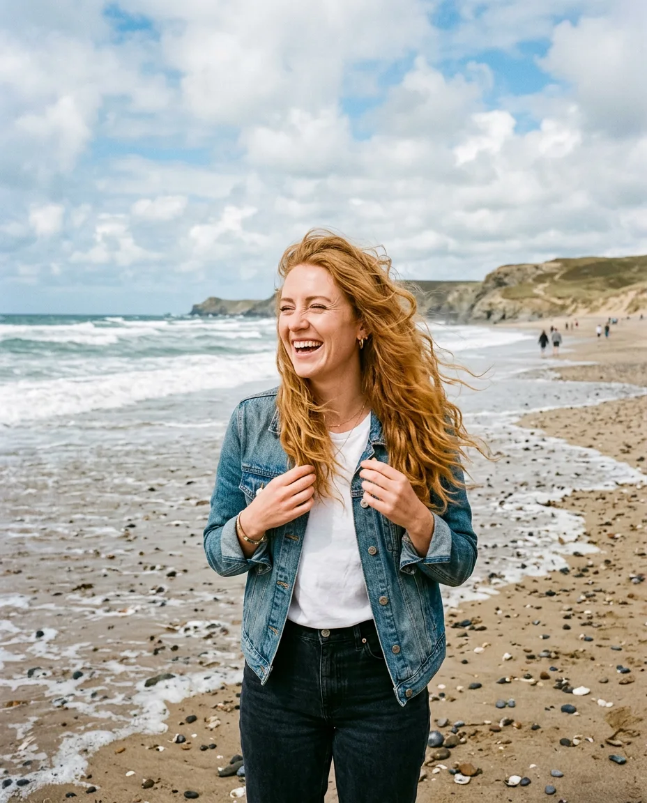 Woman with strawberry blonde hair on a beach