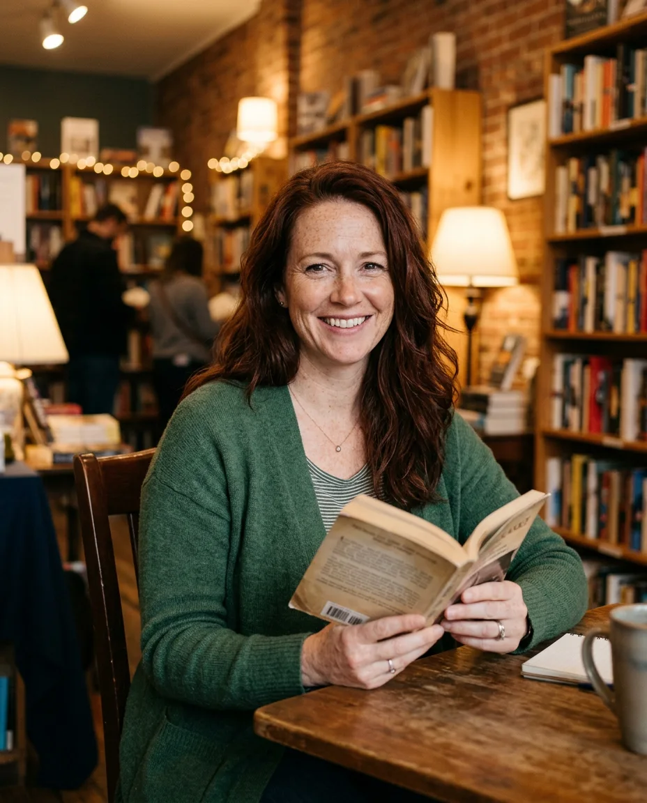 Woman with auburn hair reading in a bookshop